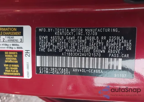 2010 Toyota Camry Hybrid from USA, damaged, VIN 4T1BB3EK2AU121570